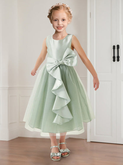Ball-Gown/Princess Scoop Satin Tulle Girl Party Dresses with Bow & Ruffles