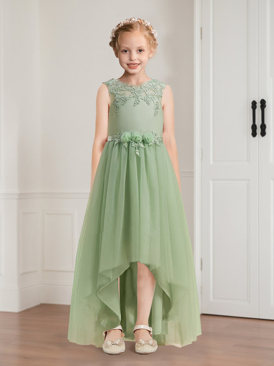 A-Line/Princess Tulle Sleeveless Floor-Length Flower Girl Dresses with Applique & Sash