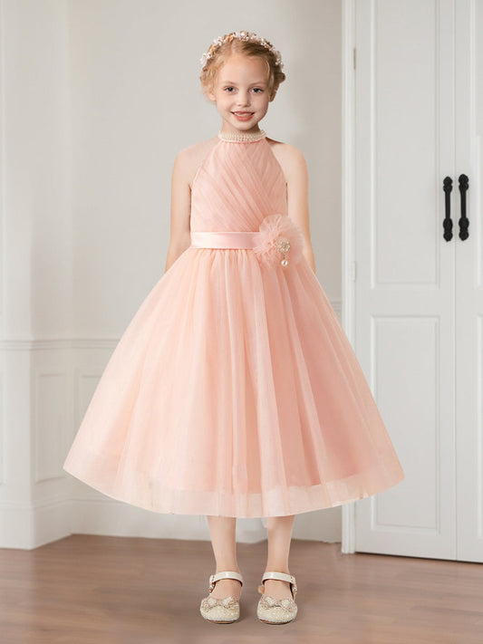 Tulle A-Line Halter Knee-Length Sleeveless Flower Girl Dresses with Beading Bow