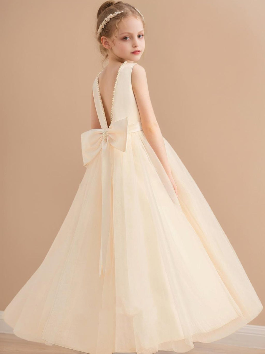 Ball-Gown Scoop Floor-Length Sleeveless Flower Girl Dresses With Beading & Bow