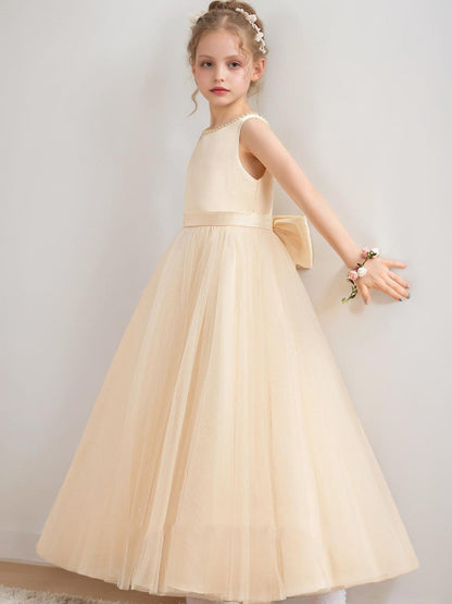 Ball-Gown Scoop Floor-Length Sleeveless Flower Girl Dresses With Beading & Bow