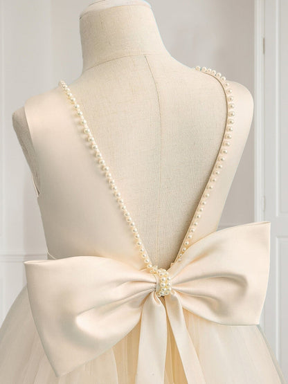 Ball-Gown Scoop Floor-Length Sleeveless Flower Girl Dresses With Beading & Bow