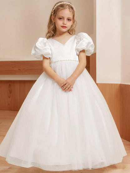 Ball-Gown/Princess V-Neck Floor-Length Short Puff Sleeves Flower Girl Dresses With Beading
