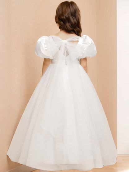 Ball-Gown/Princess V-Neck Floor-Length Short Puff Sleeves Flower Girl Dresses With Beading