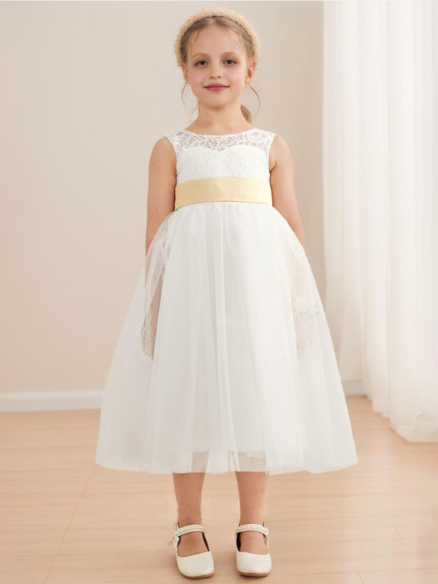 A-Line/Princess Scoop Tea-Length Sleeveless Tulle  Flower Girl Dresses With Sash