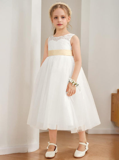 A-Line/Princess Scoop Tea-Length Sleeveless Tulle  Flower Girl Dresses With Sash