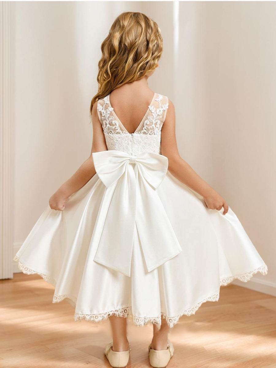 Satin A-Line/Princess Scoop Tea-Length Flower Girl Dresses With Bow & Lace
