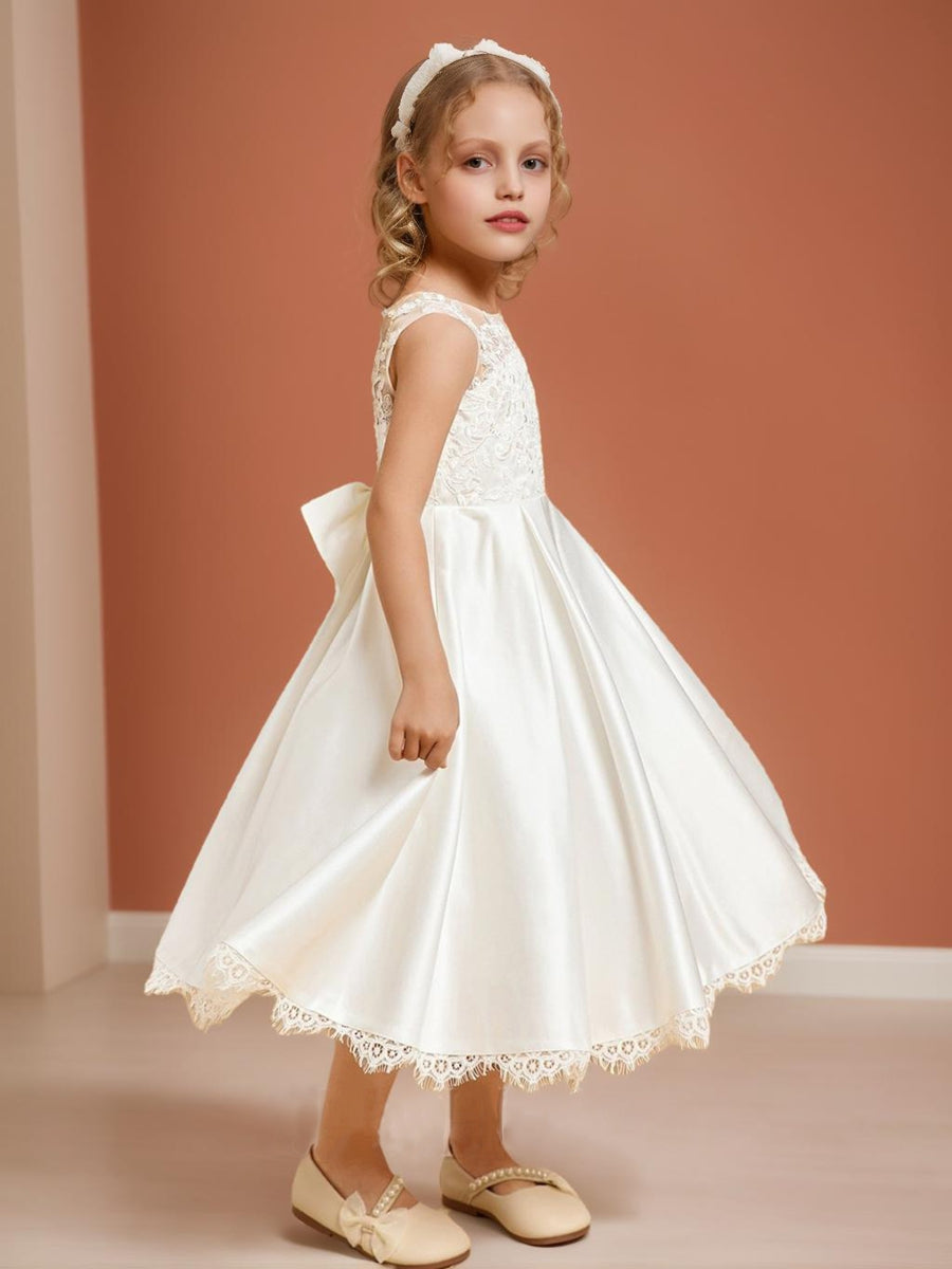 Satin A-Line/Princess Scoop Tea-Length Flower Girl Dresses With Bow & Lace