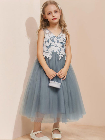 A-Line/Princess V-Neck Sleeveless Tea-Length Flower Girl Dresses With Applique & Bow
