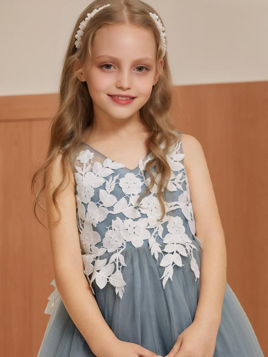 A-Line/Princess V-Neck Sleeveless Tea-Length Flower Girl Dresses With Applique & Bow