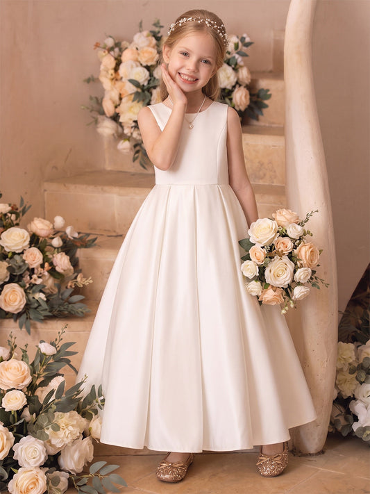 A-Line/Princess Boat Neck Sleeveless  Floor-Length Flower Girl Dresses With Bowknot & Ruffles