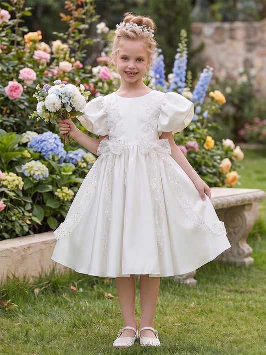 A-Line/Princess Scoop Short Sleeves Knee-Length Flower Girl Dresses With Sequins & Bowknot