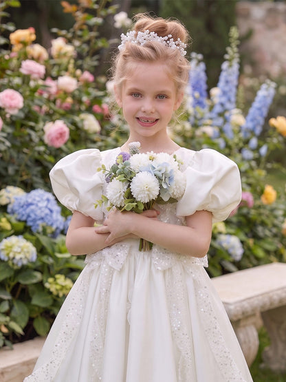 A-Line/Princess Scoop Short Sleeves Knee-Length Flower Girl Dresses With Sequins & Bowknot