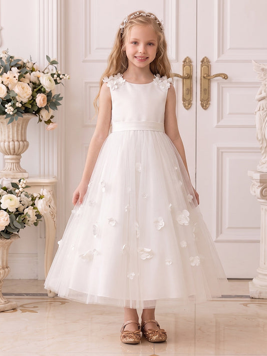 A-Line/Princess Scoop Sleeveless Ankle-Length Flower Girl Dresses With Bowknot & 3D Floral