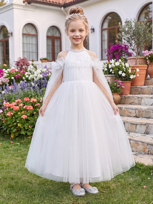A-Line/Princess Cold Shoulder Cap Sleeves Ankle-Length Flower Girl Dresses With Beading & 3D Floral