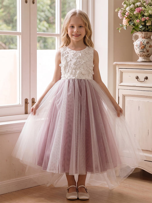 A-Line/Princess Scoop Sleeveless Ankle-Length Flower Girl Dresses With Bowknot & 3D Floral