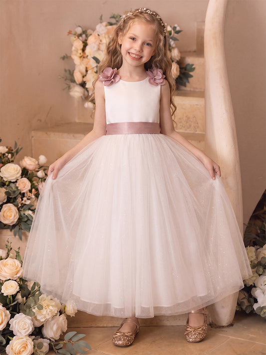 A-Line/Princess Sleeveless Scoop Ankle-Length Flower Girl Dresses With Bowknot & 3D Floral