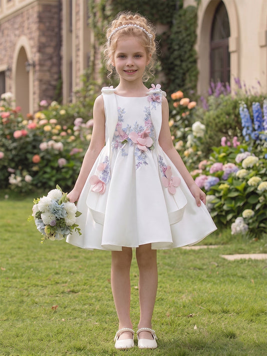 A-Line/Princess Boat Neck Sleeveless Knee-Length Flower Girl Dresses With Bowknot & 3D Floral