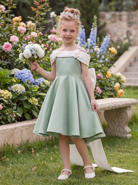 A-Line/Princess Off the Shoulder Sleeveless Knee-Length Flower Girl Dresses With Bowknot & 3D Floral
