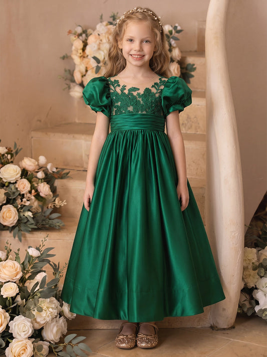 A-Line/Princess Scoop Short Sleeves Floor-Length Flower Girl Dresses With Lace & Bowknot