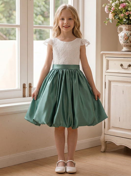 A-Line/Princess Scoop Short Sleeves Knee-Length Flower Girl Dresses With Belt & Bowknot