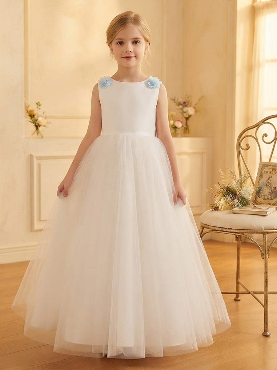 A-Line/Princess Scoop Sleeveless Floor-Length Flower Girl Dresses With Bowknot & 3D Floral