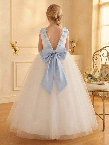A-Line/Princess Scoop Sleeveless Floor-Length Flower Girl Dresses With Bowknot & 3D Floral