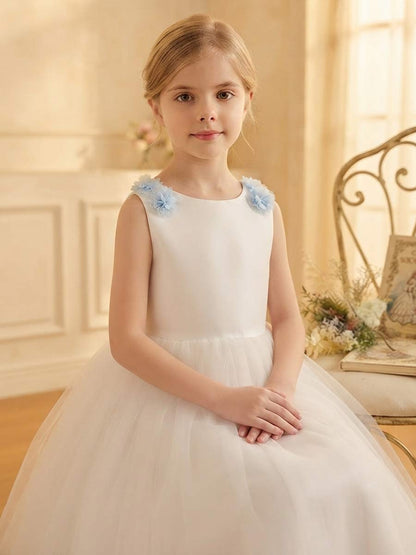 A-Line/Princess Scoop Sleeveless Floor-Length Flower Girl Dresses With Bowknot & 3D Floral