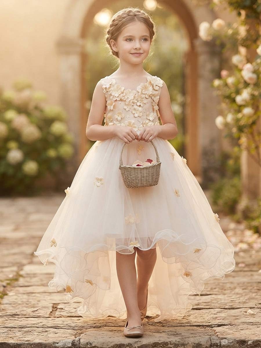 A-Line/Princess Scoop Sleeveless Asymmetrical Flower Girl Dresses With Appliques & Lace
