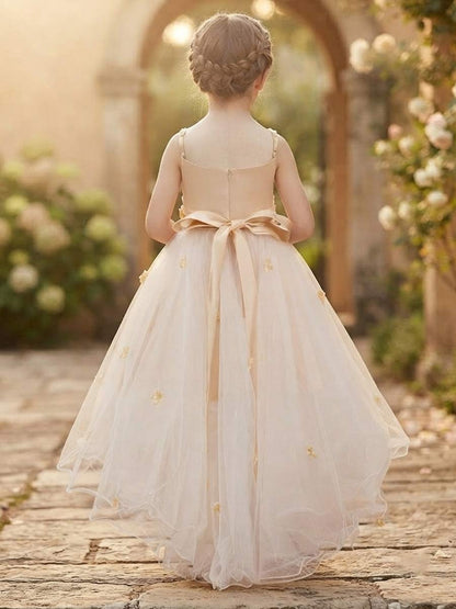 A-Line/Princess Scoop Sleeveless Asymmetrical Flower Girl Dresses With Appliques & Lace