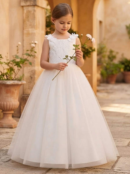 A-Line/Princess Scoop Sleeveless Floor-Length Flower Girl Dresses With Bowknot & Lace
