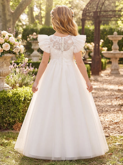 A-Line/Princess  High Neck  Flying Sleeves  Tulle  Floor-Length  Flower Girl Dresses  with Applique