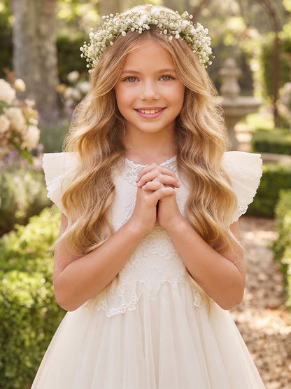 A-Line/Princess  High Neck  Flying Sleeves  Tulle  Floor-Length  Flower Girl Dresses  with Applique