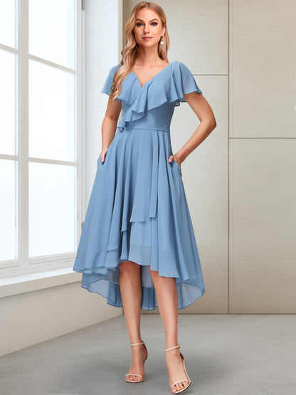 A-Line V-Neck Short Sleeves Asymmetrical ChiffonMother of the Bride Dresses With Pockets