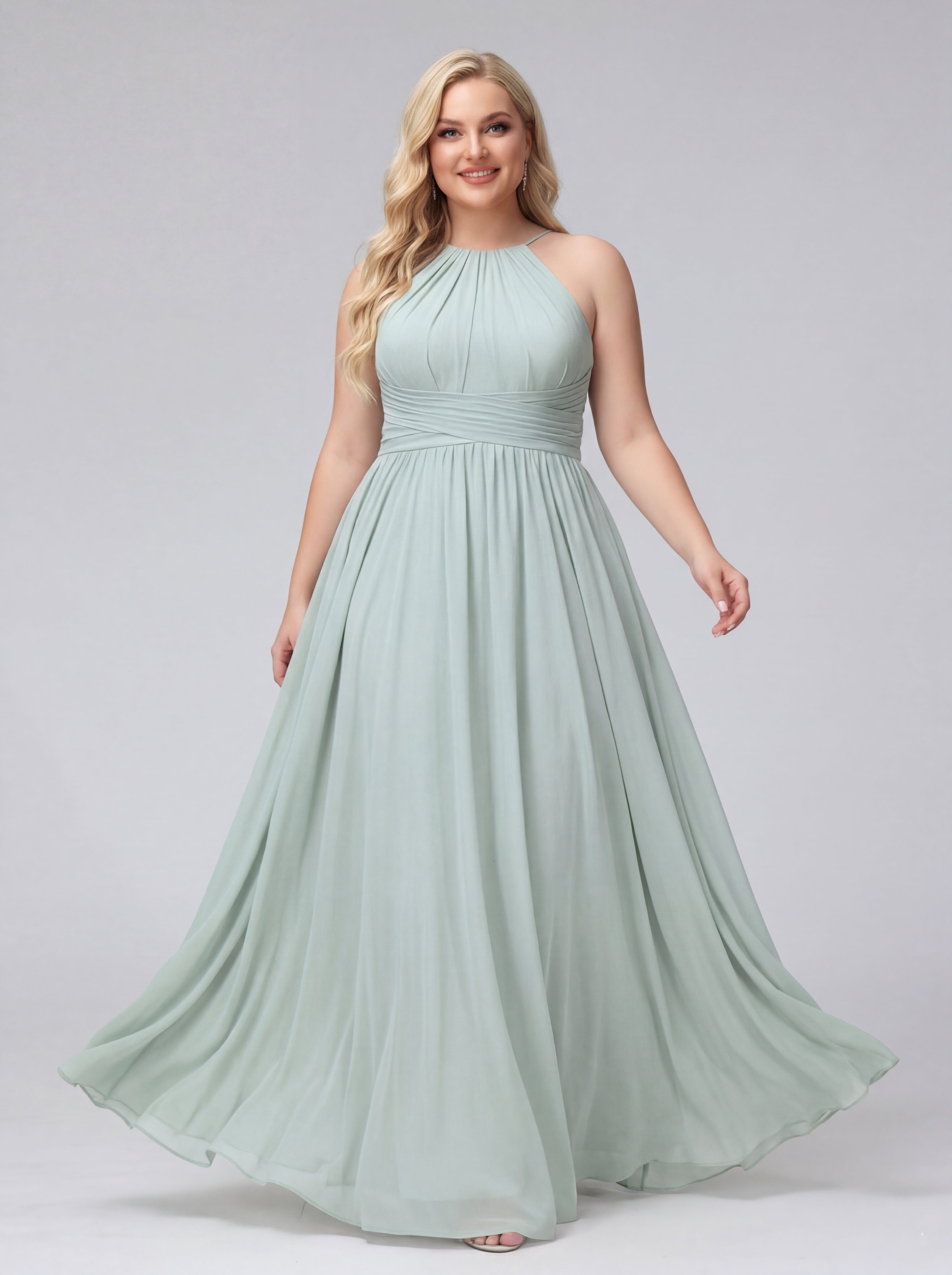 A-Line Halter Sleeveless Ruched Floor-Length Chiffon Plus Size Bridesmaid Dresses