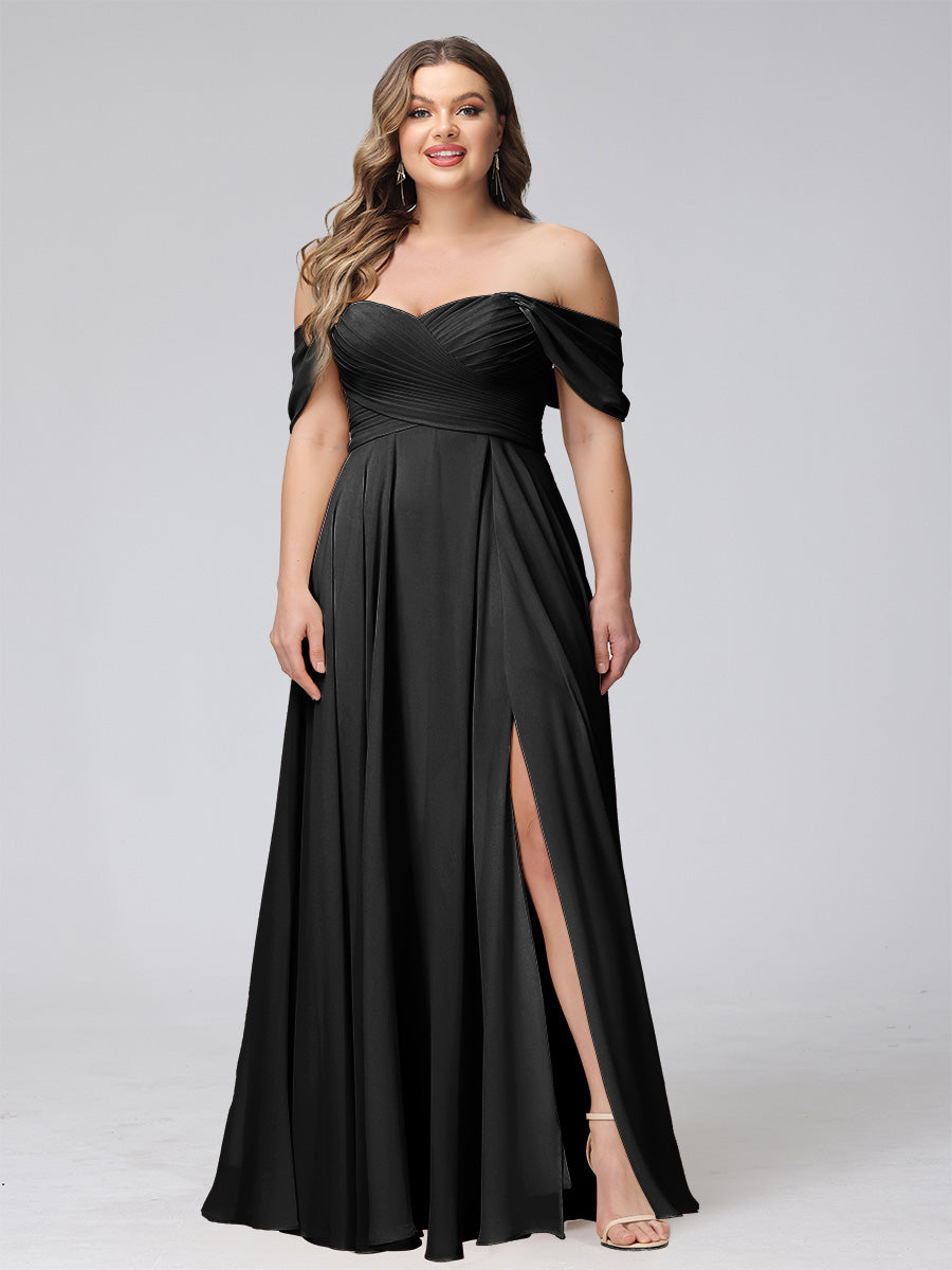 A-Line Off-the-Shoulder Sleeveless Ruched Long Chiffon Plus Size Bridesmaid Dresses with Split Side