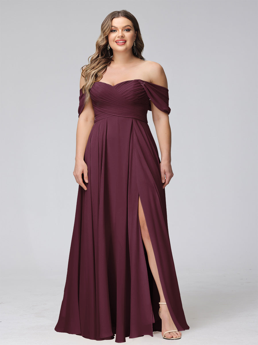 A-Line Off-the-Shoulder Sleeveless Ruched Long Chiffon Plus Size Bridesmaid Dresses with Split Side