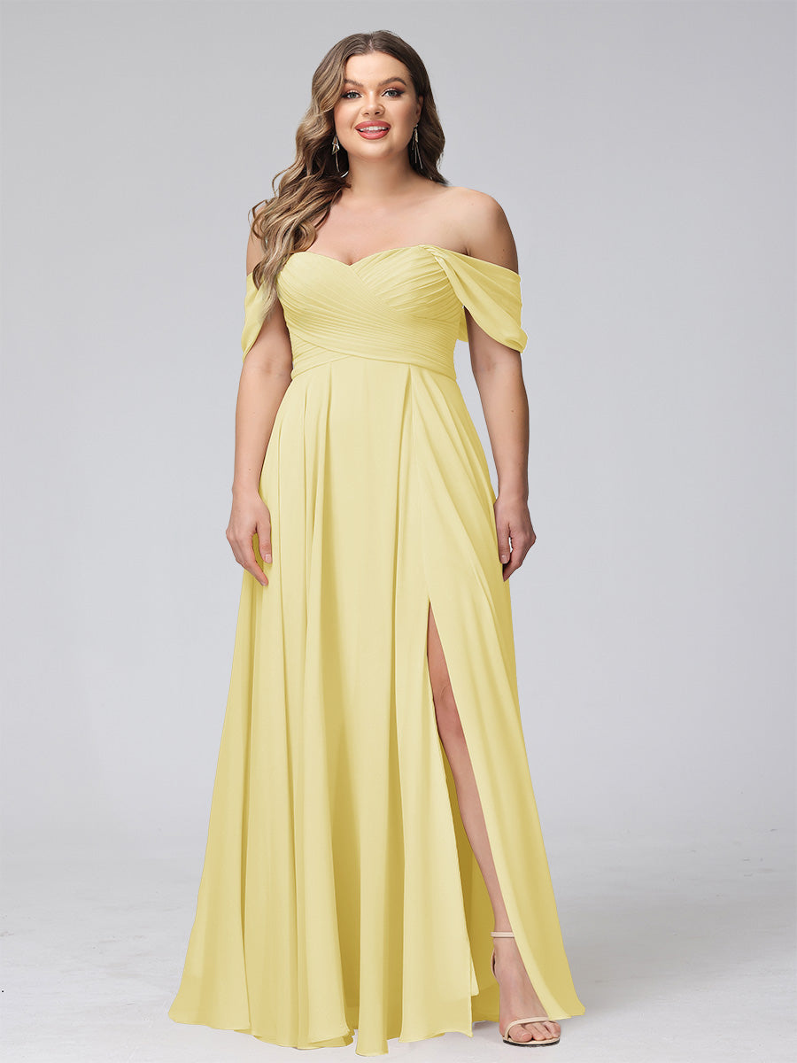 A-Line Off-the-Shoulder Sleeveless Ruched Long Chiffon Plus Size Bridesmaid Dresses with Split Side