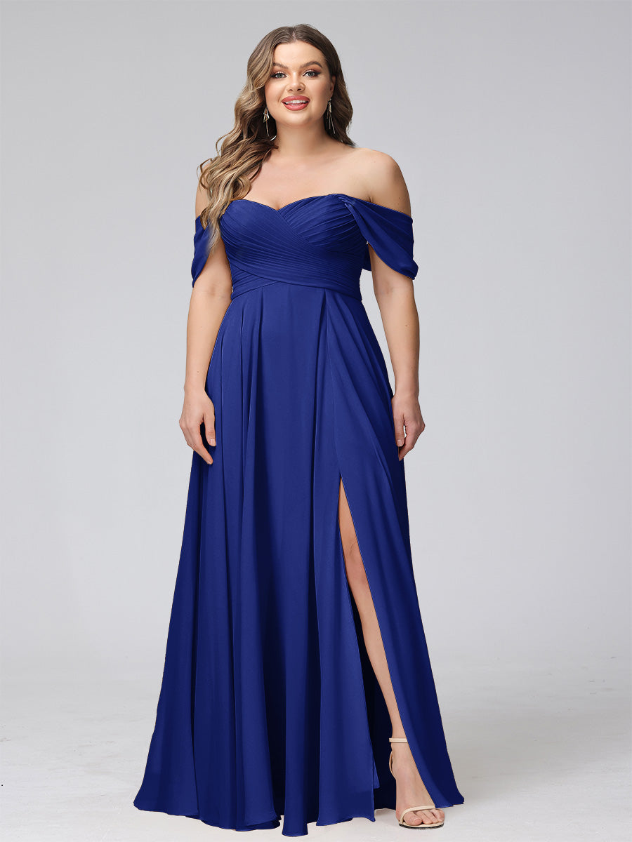 A-Line Off-the-Shoulder Sleeveless Ruched Long Chiffon Plus Size Bridesmaid Dresses with Split Side