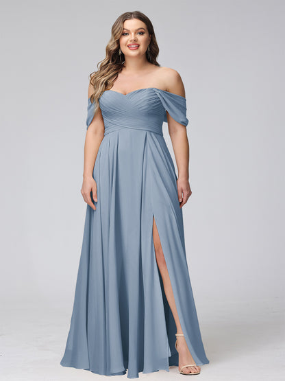 A-Line Off-the-Shoulder Sleeveless Ruched Long Chiffon Plus Size Bridesmaid Dresses with Split Side