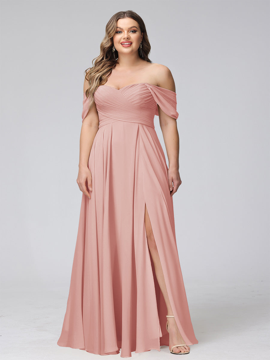 A-Line Off-the-Shoulder Sleeveless Ruched Long Chiffon Plus Size Bridesmaid Dresses with Split Side