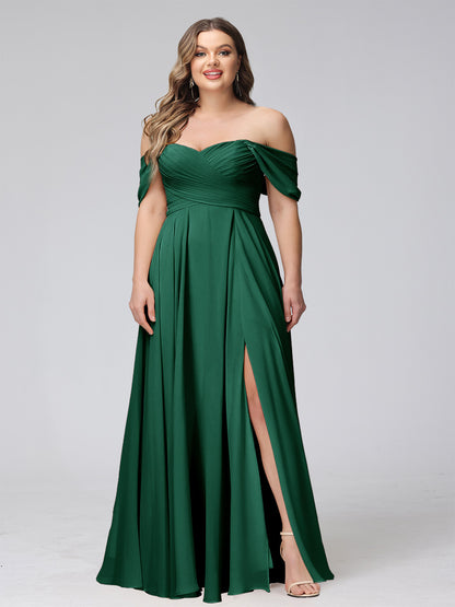 A-Line Off-the-Shoulder Sleeveless Ruched Long Chiffon Plus Size Bridesmaid Dresses with Split Side