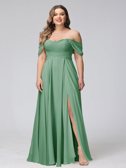 A-Line Off-the-Shoulder Sleeveless Ruched Long Chiffon Plus Size Bridesmaid Dresses with Split Side