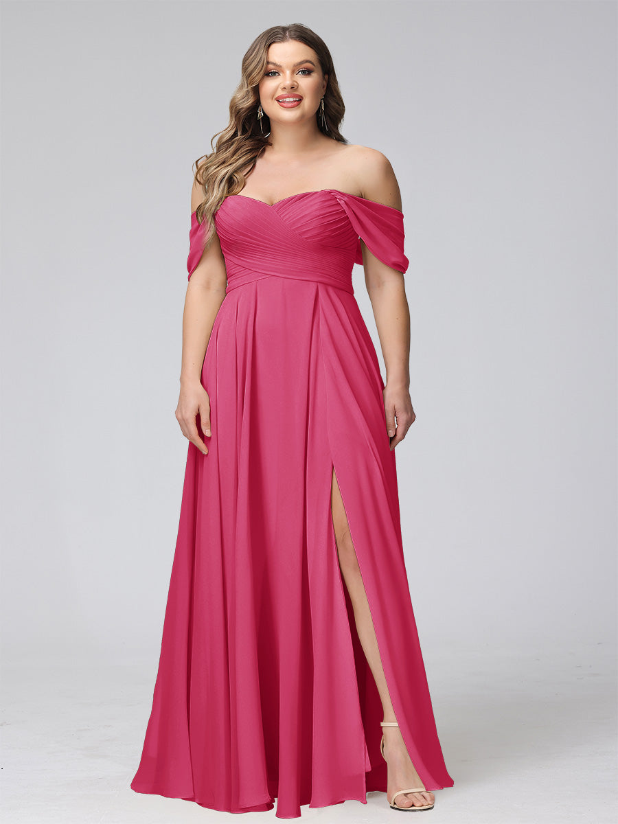A-Line Off-the-Shoulder Sleeveless Ruched Long Chiffon Plus Size Bridesmaid Dresses with Split Side