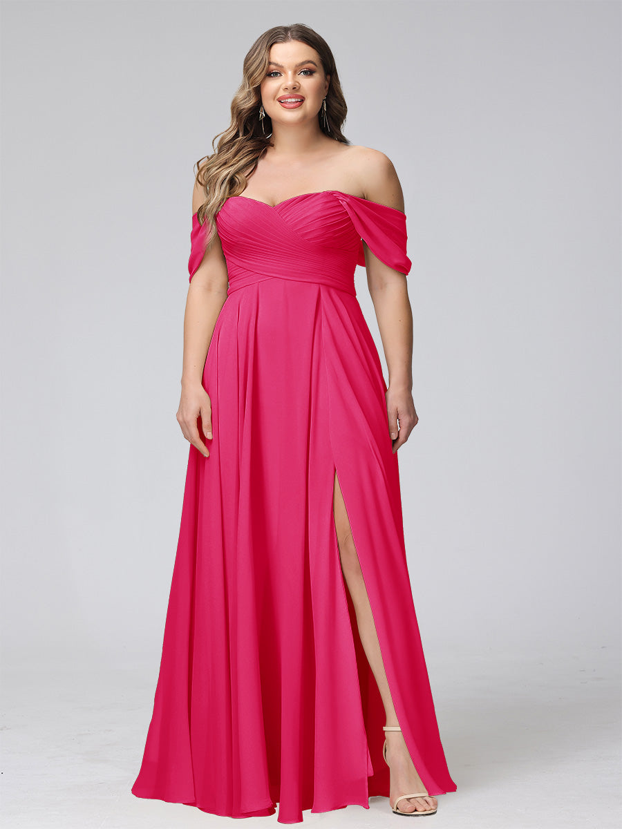A-Line Off-the-Shoulder Sleeveless Ruched Long Chiffon Plus Size Bridesmaid Dresses with Split Side
