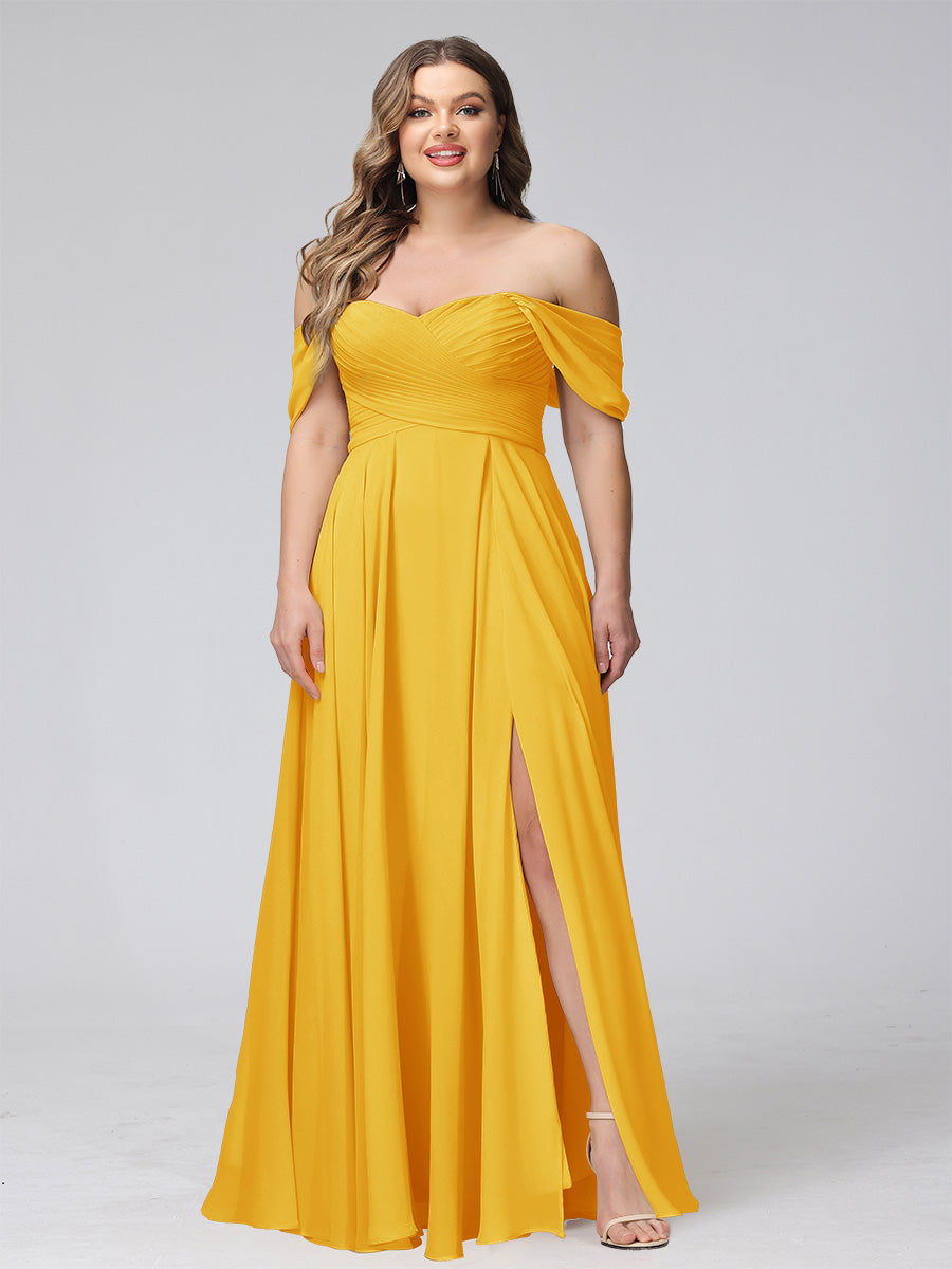 A-Line Off-the-Shoulder Sleeveless Ruched Long Chiffon Plus Size Bridesmaid Dresses with Split Side