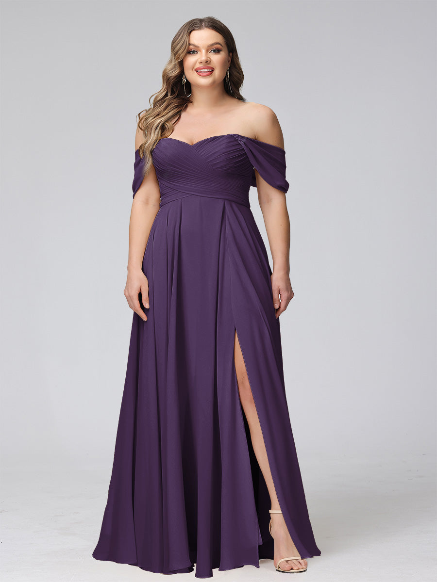 A-Line Off-the-Shoulder Sleeveless Ruched Long Chiffon Plus Size Bridesmaid Dresses with Split Side