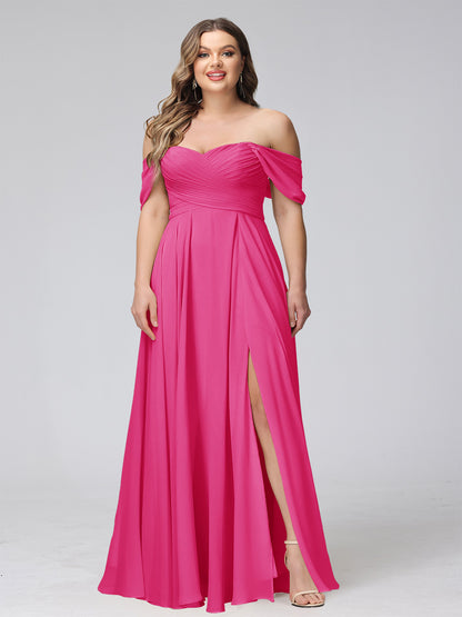 A-Line Off-the-Shoulder Sleeveless Ruched Long Chiffon Plus Size Bridesmaid Dresses with Split Side