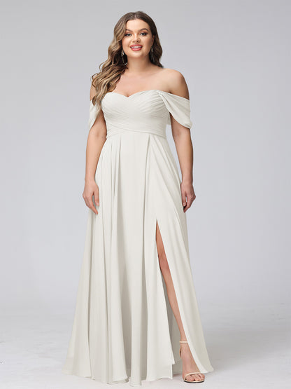 A-Line Off-the-Shoulder Sleeveless Ruched Long Chiffon Plus Size Bridesmaid Dresses with Split Side