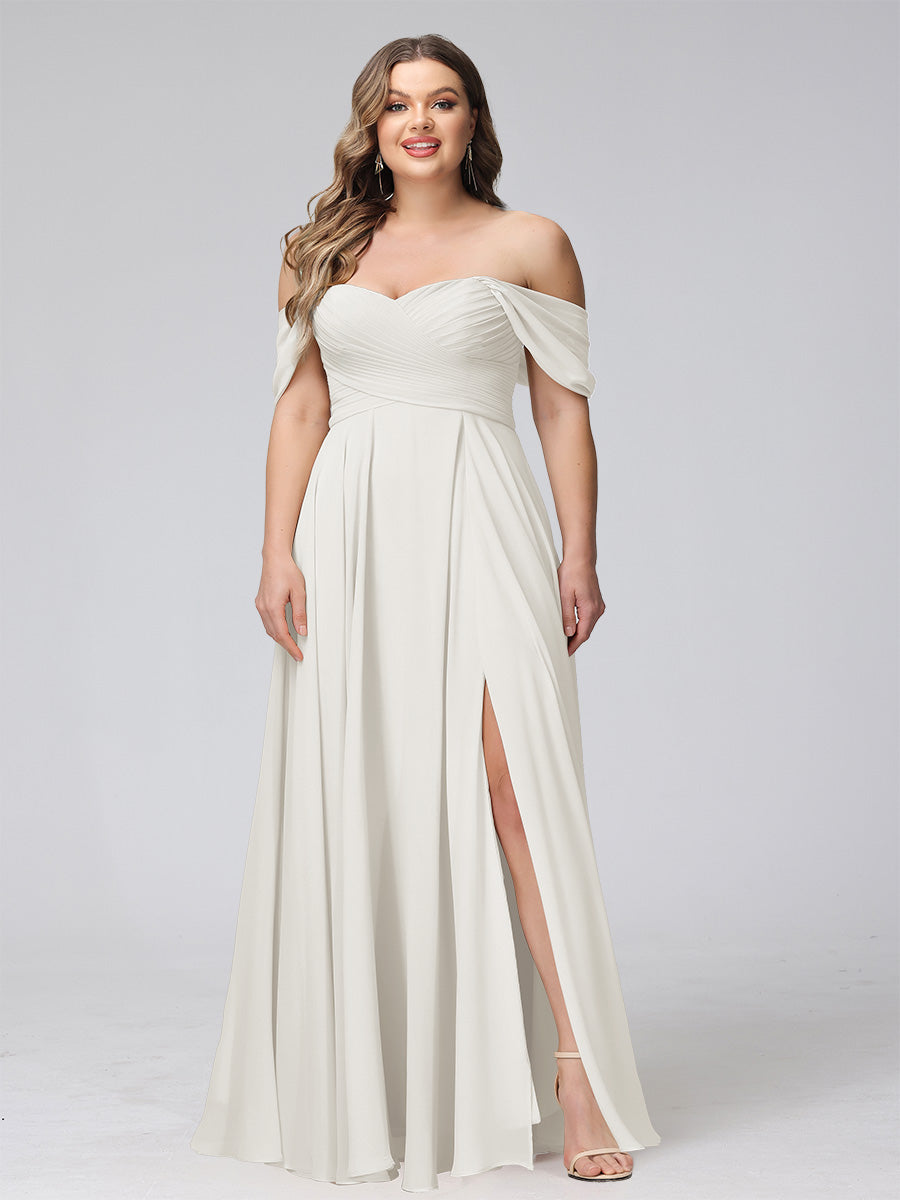 A-Line Off-the-Shoulder Sleeveless Ruched Long Chiffon Plus Size Bridesmaid Dresses with Split Side
